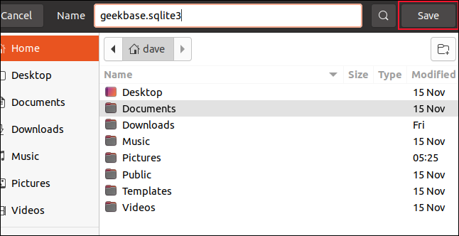 File save dialog with geekbase.sqlite3 entered as the filename