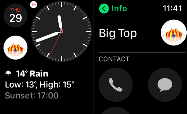 A contact shortcut set as a complication on an Apple Watch.