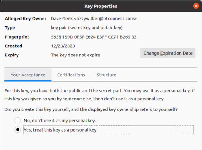 Key Properties dialog box