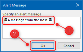 Type your Alert Message, and then click OK.