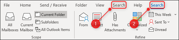 The Outlook ribbon with two Search tabs.