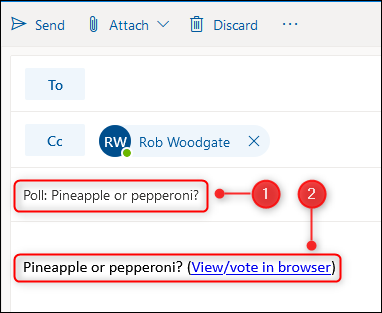 An email with a poll inserted, showing the automatic subject and the link to the poll.