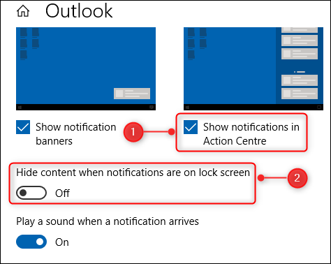 Two of the options in the Outlook notifications options.