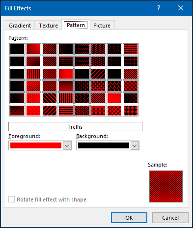 The Patterns options in the Fill Effects menu.