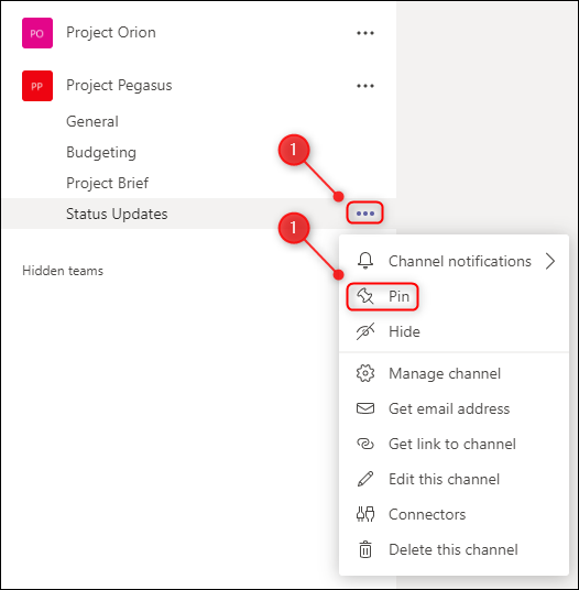 The Pin option on the channel menu.