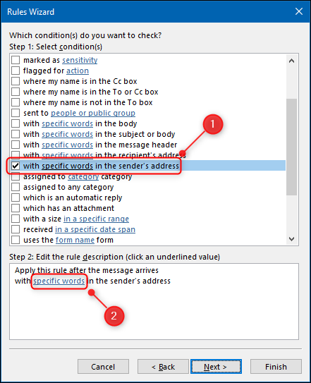 The with specific words in the sender's address option in the Rules Wizard.