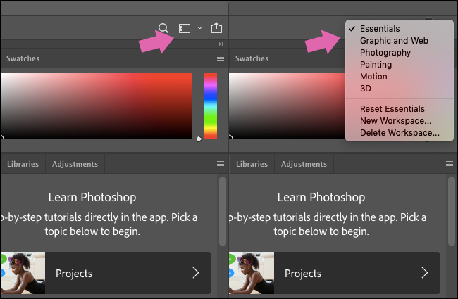 The Workspaces menu in Photoshop.