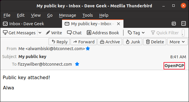 Email with a public key attached, showing the OpenPGP button