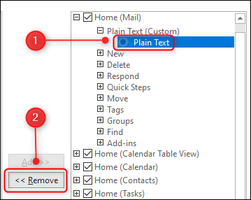 A command being removed using the Customize the Ribbon panel.