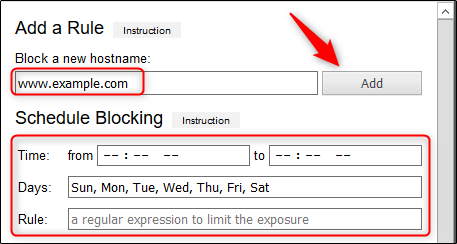 Type the website you want to block in the text box, click Add, and then set a schedule.