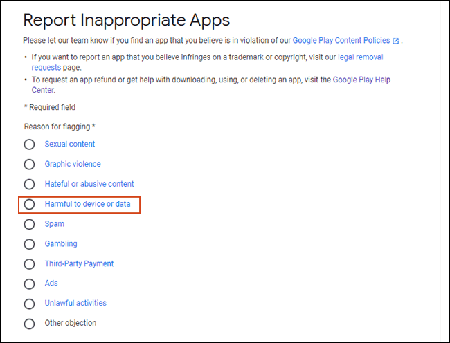 Select complaint category on report inappropriate apps form