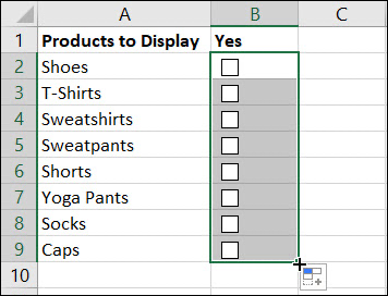 Drag the Fill Handle to AutoFill check boxes