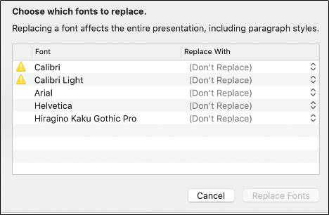 A font replacement dialog box in Keynote.