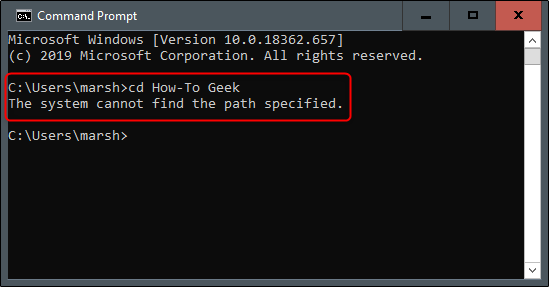The System Cannot Find the Path Specified error message in Command Prompt.