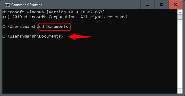 The cd Documents command in Command Prompt.