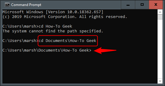 The cd Documents\How-To Geek command in Command Prompt.