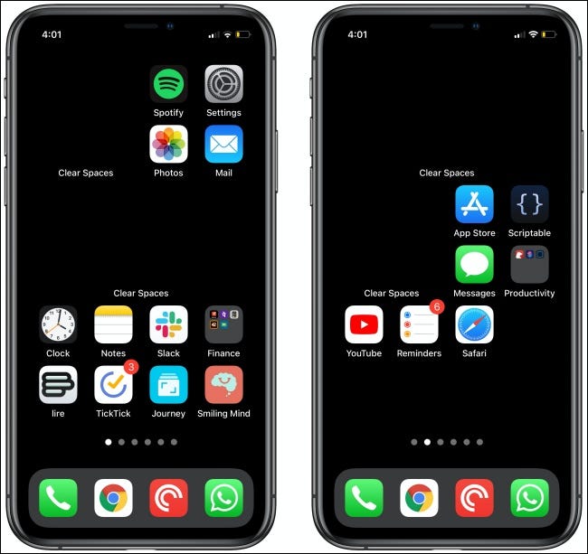 Clear Spaces on two iPhone Home screens.