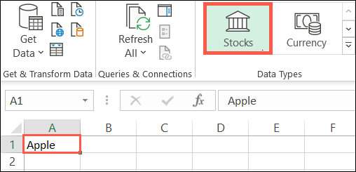 Click Data then Stocks in Data Types