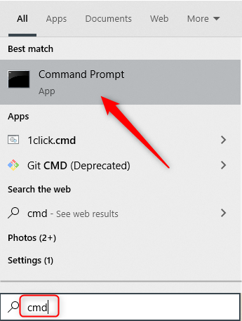 Type CMD in the Windows Search box, and then click Command Prompt in the results.