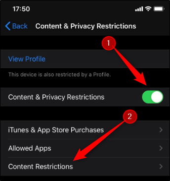 Toggle-On Content and Privacy Restrictions, and then tap Content Restrictions.