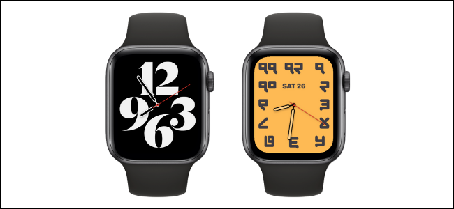 The default Typography watch face on one Apple Watch and a customized version with a different background and numerals on another.