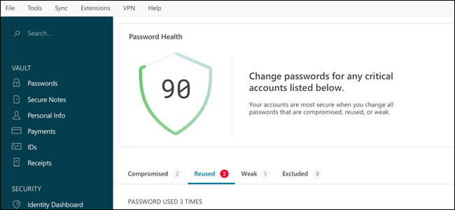 Dashlane interface, showing password health.