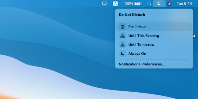 Do Not Disturb options in the Mac Control Center.