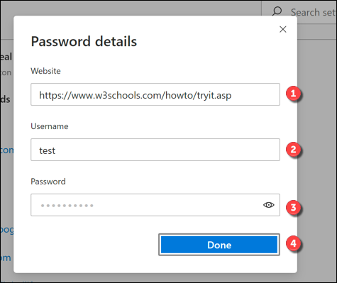 Edit a saved password entry in the Password Details box, then press Done to save.