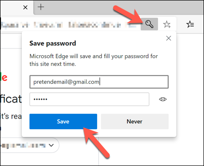 Click the security key icon on the Edge address bar to save passwords to your Edge user profile
