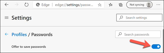 Click the slider next to the Offer to Save Passwords option to enable or disable this feature in Edge.