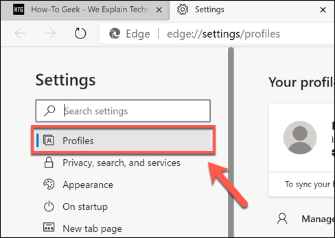 In the Edge Settings menu, press the Profile tab in the left-hand menu.