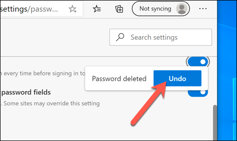 Click Undo to delete a recently-deleted password in Microsoft Edge.