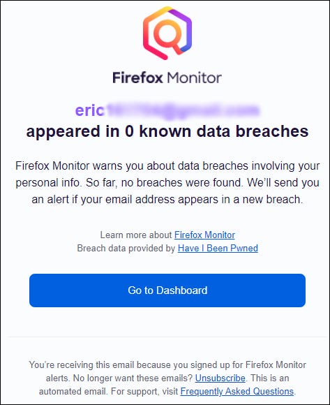 An email confirmation from Firefox Monitor