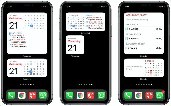Fantastical and Calendar Widgets on three iPhones.