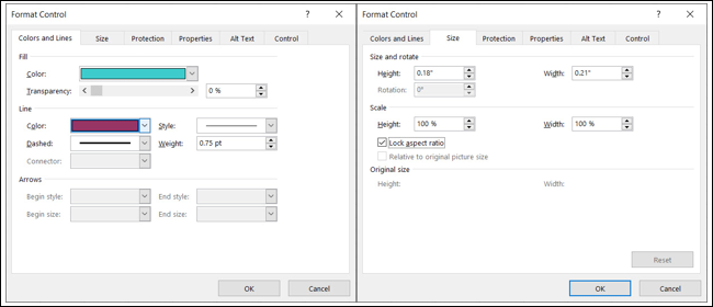 Color and Lines with Size tabs