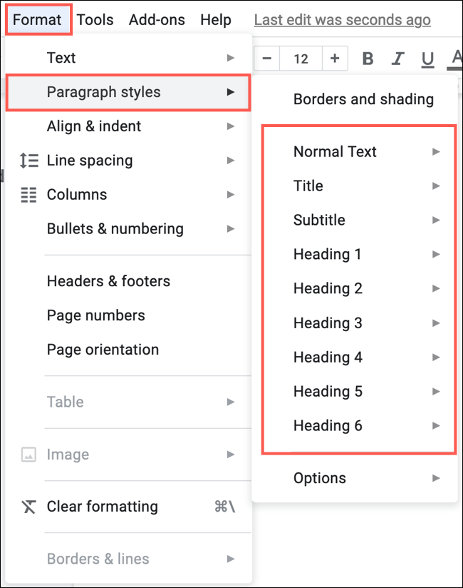 Click Format, Paragraph Styles for Headings