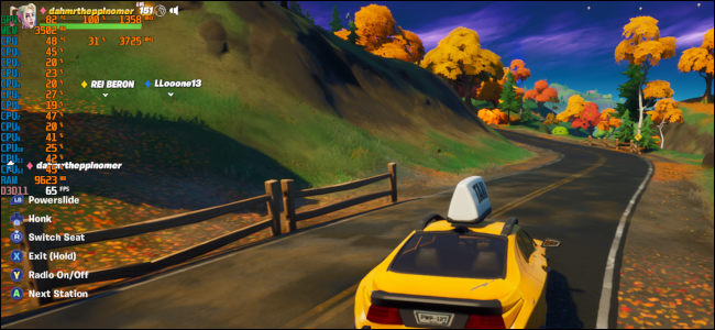 A yellow taxi driving down a rolling autumn country road in Fortnite.