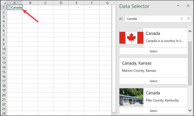 Canada in Excel's Geography Data Selector.