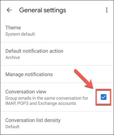 In the General Settings menu in the Gmail app (or in the individual settings menu for an email account), tap the Conversation View checkbox to disable the feature.