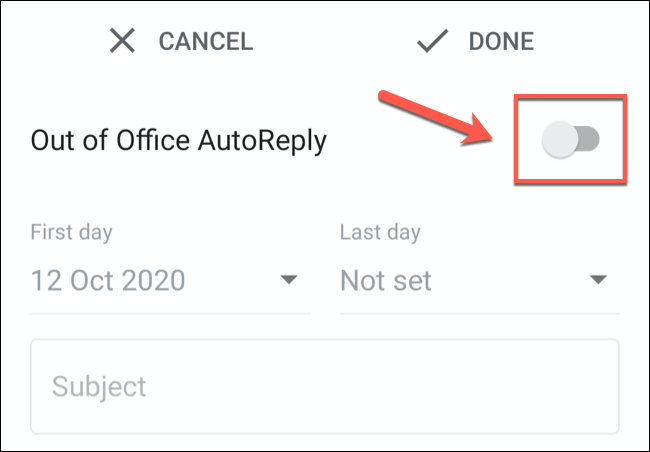 Tap the Vacation Responder or Out of Office AutoReply slider to enable it.