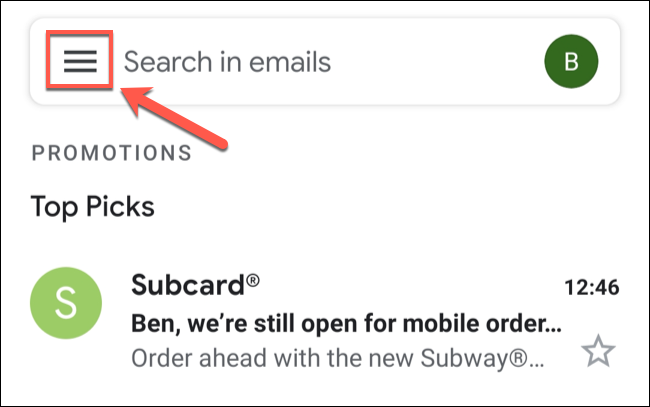 Tap the hamburger menu icon in the top-left of the Gmail app.