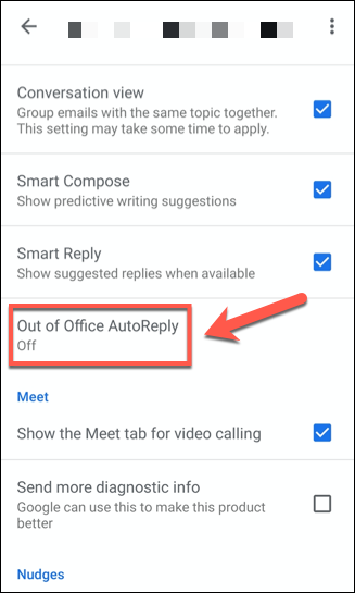 Tap the Vacation Responder or Out of Office AutoReply option