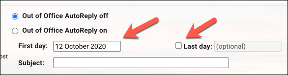 Provide the date range for the vacation responder/out of office message to apply from in the First Day and Last Day date boxes