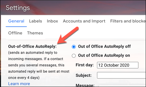 The Gmail Vacation Responder settings area, labelled Out of Office AutoReply in a UK Gmail account