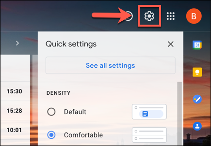 On the Gmail webpage, click the settings cog icon in the top-right.