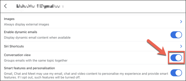 Tap the Conversation View slider in the individual email account settings in the Gmail iPhone and iPad app to disable this setting.
