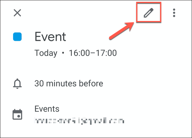 Tap the Edit Event button to edit a Google Calendar event on mobile devices