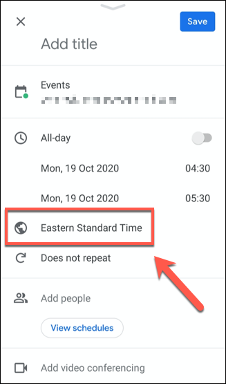 Tap the time zone listed in the event details menu to change the time zone for that event.