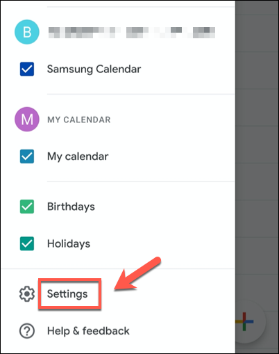 In the Google Calendar menu, tap the Settings option.