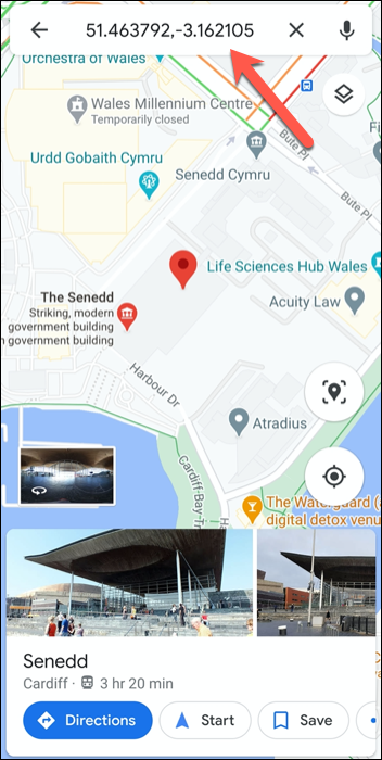 The GPS coordinates for the Welsh Parliament, UK in the Google Maps app on Android.